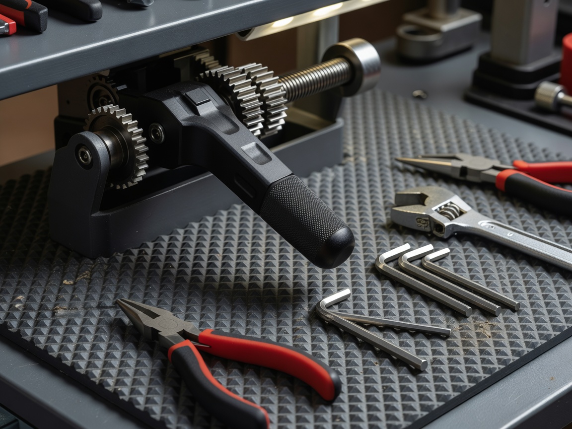 Close-up of an adjustable workstation control and tool surface