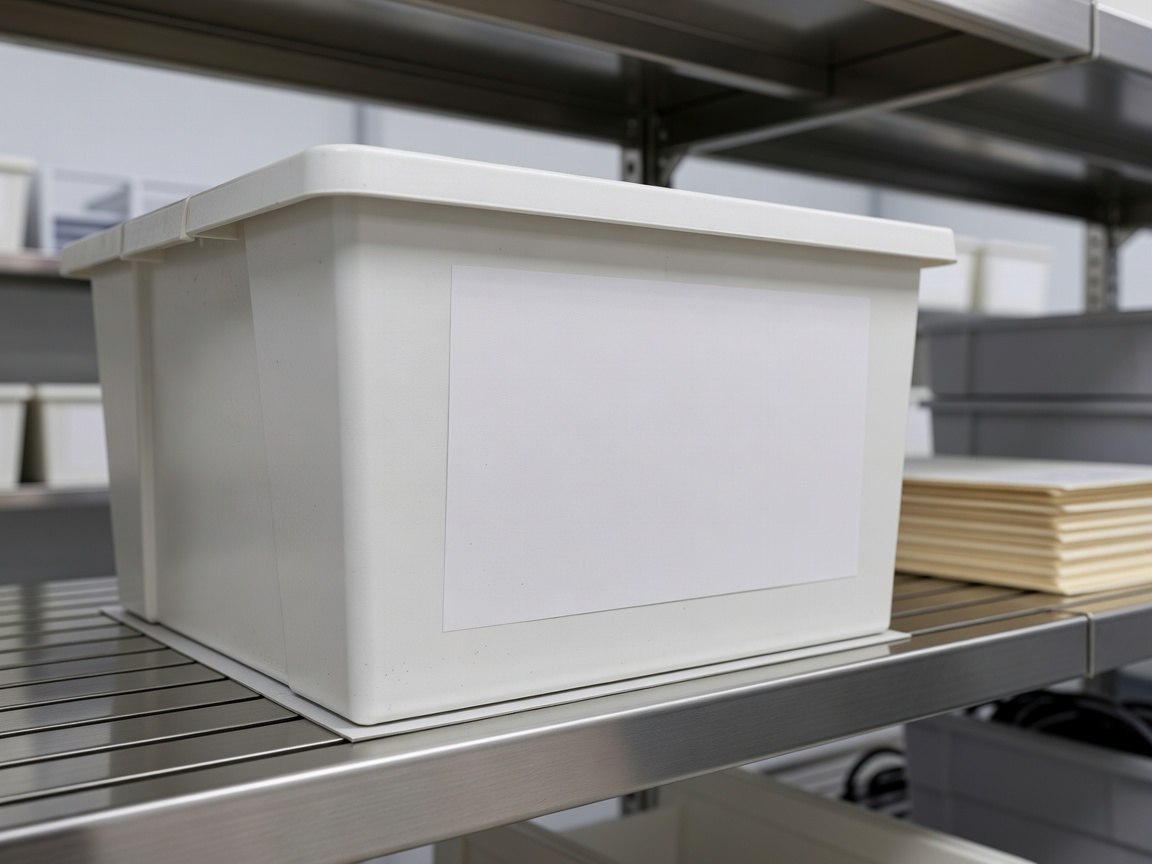 Close-up of a clearly labelled workplace container on a clean utility shelf