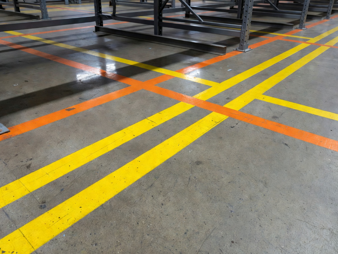 Close-up of clear floor markings beside warehouse shelving